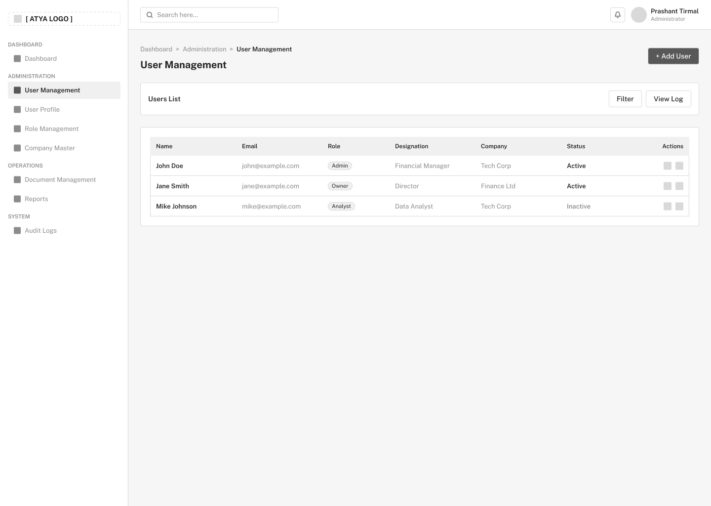 User-management wireframe